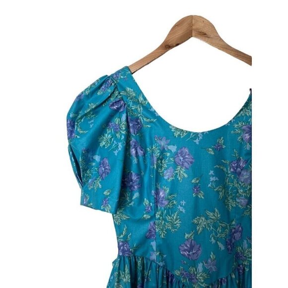 Vintage Laura Ashley Teal Floral Cottage Core Bow Back Dress US 6 2 UK 8 - Picture 3 of 8